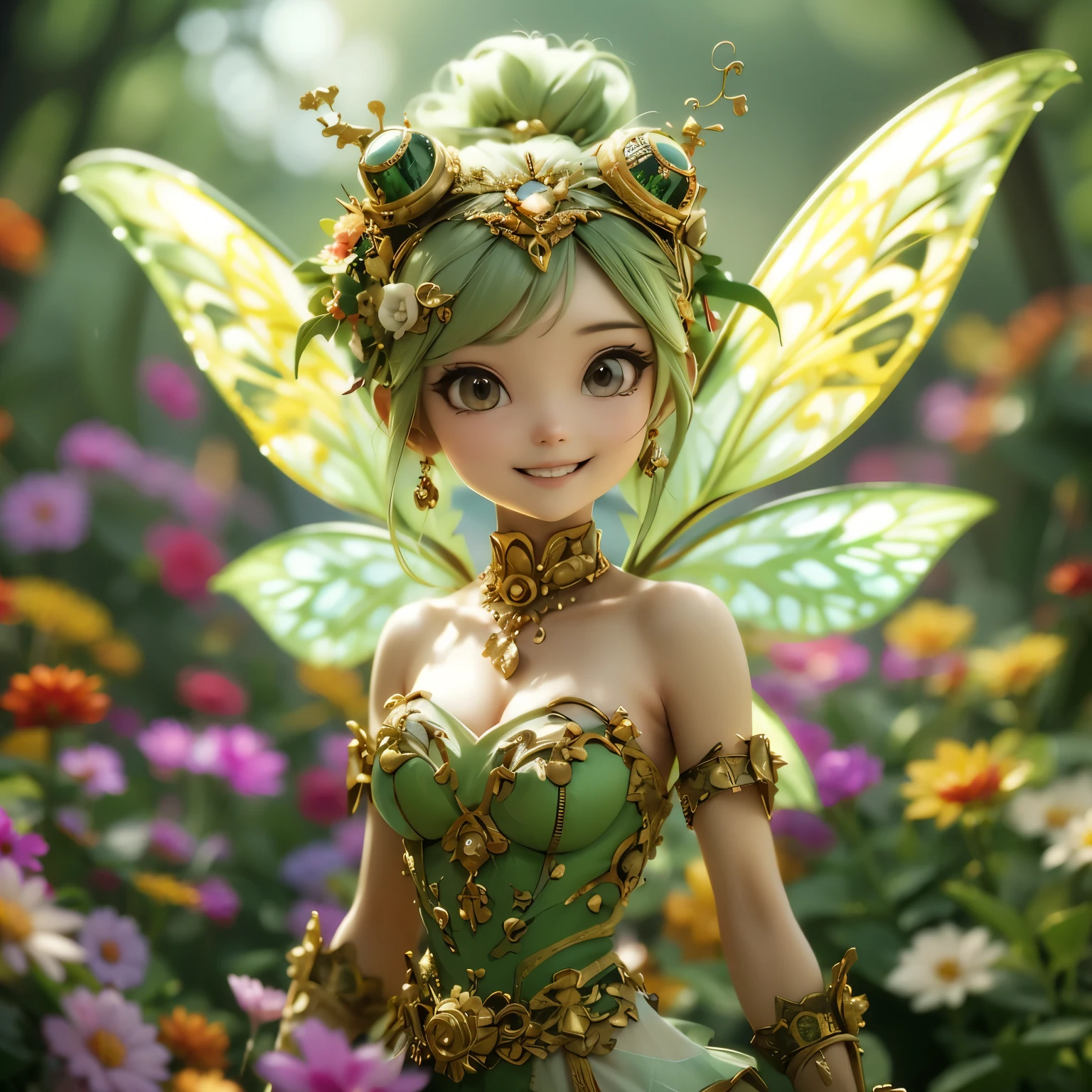 cute little Fairy, blue butterfly, yellowgreen hair, pink eyes, yellowgreen dress pointy ears dress made of petals leaves long hair forward leaning posture leaf fairy flower clothes made of leaves thin wings gently smiling big leaves