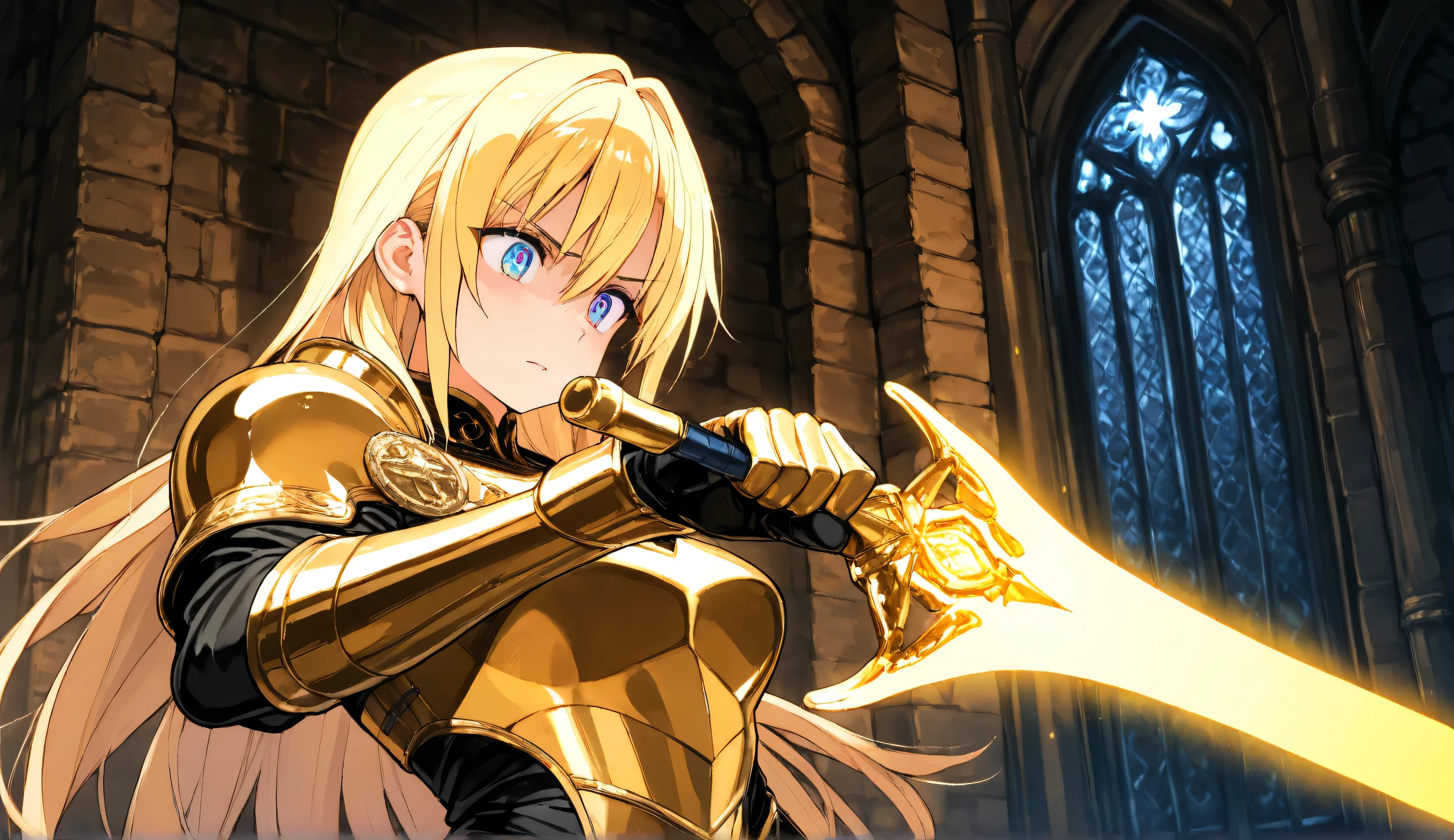 Anime image of a woman in a golden outfit holding a sword - SeaArt AI