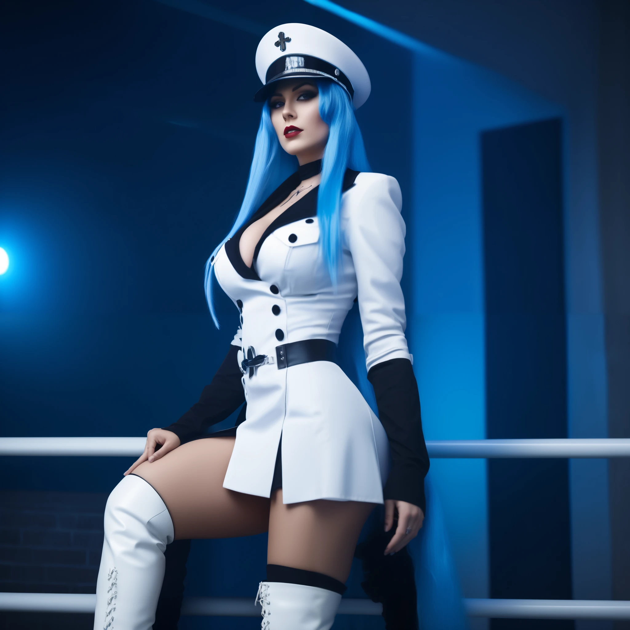 cinematic photo a woman, hat, tattoo on the chest, large natural breasts, white thigh high boots, long blue hair, cleavage, 35mm photograph, film, bokeh, professional, 4k, highly detailed. (Up close portrait.)