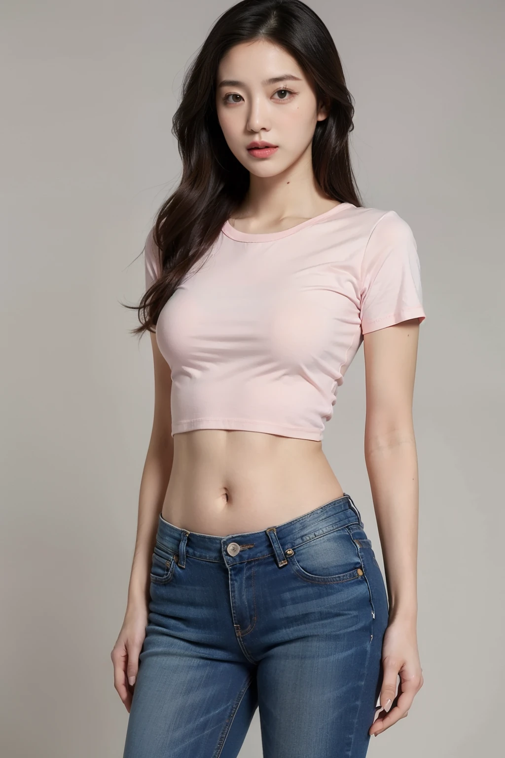Beautiful 18 year old girl wearing high waisted jeans and a short pink blouse showing her navel