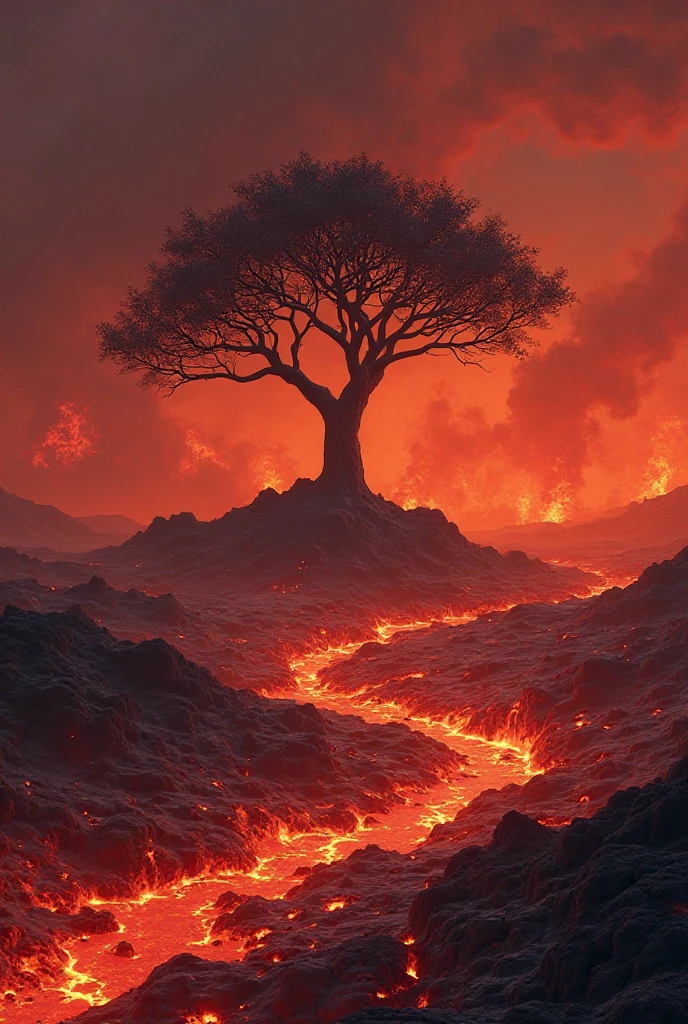 Gigantic red dragon spitting fire, Tree drilling in the forest, 2D minimalista, vermelho preto e branco