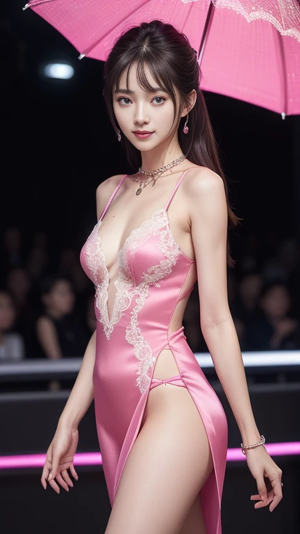 8K, Masterpiece, RAW photo, Best quality, Photorealistic, Ultra-detailed CG unified 8K wallpaper, Depth of field, Cinematic light, Lens flare, Ray tracing, (Extremely beautiful face, Beautiful lips, Beautiful eyes), intricate detail face, ((ultra detailed skin)) 1girl, In the dark, deep shadow, Pretty Korean girl, Kpop idol, 1 girl, (Very slim and slender muscular body:1.3), ((view the viewer)),(Big smile:1.3), (Fashion night, Dark night, (neon lights sign), (Blurred background), Fashion Street Night),(No one is in the background:1.3), Beautiful earrings, bangle, necklace, Pantyhose, Clear eyes, Walking, (Fair skin), (Big eyes), Face forward, (brown hairs), (Full body shot), ((Silk hot pink dress:1.3)), ((tightly dress)), ((See-through dresses)),The whole body is wet with water，（Clothes are soaked：1.8）， (view the viewer:1.3) open breast, Nipples in sight, Very slim, Medium breasts, Turn Back, (Back shot), Ass focus, Before the eyebrows,(Tight dress), Thick thighs