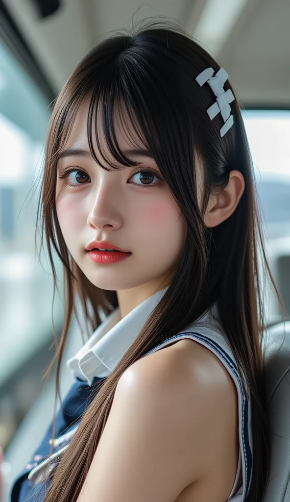 (masterpiece, highest quality:1.2), 8k, , 85mm, official art, RAW photo, スーパースリムなスレンダーbeautiful girl, (full nude下Half body、show me your ears、Embarrassing naked girl photo shoot、full nude, Her scared face is cute, close, Half body, Biolace, gardenia, beautiful girl, school uniform, small thighs,thin waist、 stand on the station platform, People who look at it with embarrassment, no makeup, (A slightly troubled look), Face of embarrassment、nervous pose、film grain, chromatic aberration, sharp focus, face light, clear lighting, Ten generations, detailed face, background bokeh, (dark red tie:1.1)、((((((two girls))))))、((((((2人のfull nude女子高生)))))、Shortcut Straight Hair