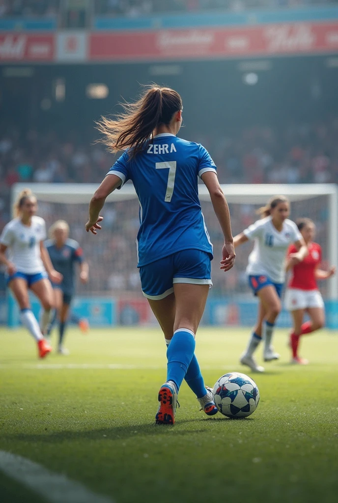 ((full body)), (8K, Best Quality, masterpiece), (Realistic, Photorealsitic), of the highest quality, masterpiece, Beautuful female, adult female, Argentina Female, (((Argentine national soccer uniform))), (((in the soccer field))), Small bust, slender, wavy blonde hair,breasts:1.2), dim lit, (Skin with attention to detail, Detailed eyes:1.1), 8K Ultra HD, Digital SLR, soft lighting, Intricate details, Highest quality, Film Grain, Fujifilm XT3, analog style, Instagram, only tok, (skinny:1. 2), (Preppy Style:1. 2), Put your hair up, hair on the side, (Wavy Hair:1.1), (brown hair:1.1), (Greasy Hair:0.8), (rouge makeup:1.0), (in disco:1.2), (smile:1.2), (Surprised eyes:1.2), (wearing a blue soccer jersey and blue shorts, white knee-high socks and gloves), She is a sporty girl with brown hair and brown eyes playing soccer in a stadium full of spectators in the stands. She is celebrating a goal. She is jumping with happiness. She is wearing a argentia national team jersey and soccer shorts with the number 10 printed on them. He has a soccer ball and perfect hands and runs with speed and agility. She loves soccer and is celebrating a goal, always energetic and competitive. She has a confident personality and a friendly smile. She is loyal and supportive and motivates everyone with her enthusiasm. She enjoys playing with her teammates and scoring goals. She is passionate about soccer and teamwork. She is cute and friendly, and everyone likes her. 8K picture quality、detailed CG images、(hight resolution, Best Quality, masutepiece:1.4), (1womanl :1.3), tall thin legs, Sparkly skin, narrow hips, Teeth on the skin, big breastes, (Woman in soccer shirt showing breasts:1.3), football shorts, Short shorts,(((裾を縛る)))、((へそ出し))、 Sweating Lots, (Above the football stadium:1.2), taut clothes, Angry look, Sprinting, Beautiful)、hair messy、Floating hair