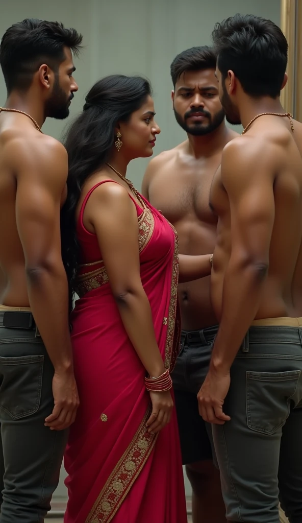 hot slim curvy white south indian milf with long single plaited hairstyle, big breast, big hip, very big ass, thick thighs, woman wearing saree pallu down, cleavage, indian couple, very short indian black man with short haircut, muscular body and big moustache, man wearing shorts, woman with man, couple in house, couple standing near the door and romance, high resolution, couple looking at camera, tall woman and short man, close-up potrait, Closed Mouth, serious face, front full body view, bright lighting, man choking woman neck, group of man and one woman
