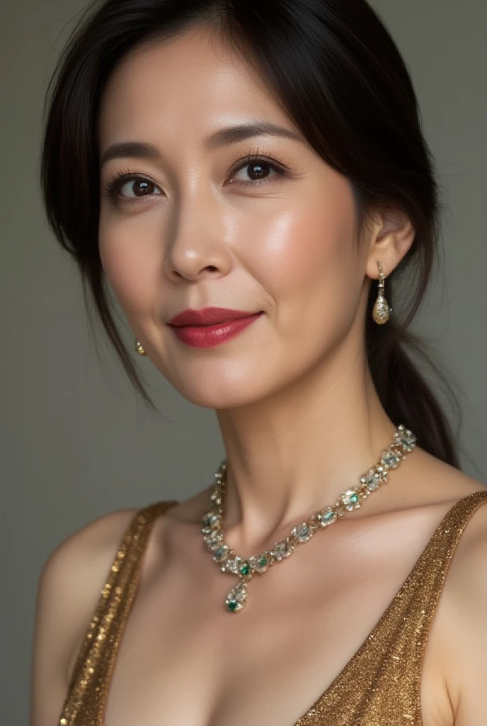 Masterpiece, high quality, 4K, beautiful design, shiny, from the front, award winning photo, extremely detailed, amazing, fine detail, absurdres, highly detailed woman, extremely detailed eyes and face, by lee jeffries nikon d850 film stock photograph 4 kodak portra 400 camera f1.6 lens rich colors hyper realistic lifelike texture dramatic lighting unrealengine trending on artstation cinestill 800 tungsten, solo, 1girl,
parure jewelery, a woman wearing a necklace and earrings with several emeralds , wearing parure jewelery,