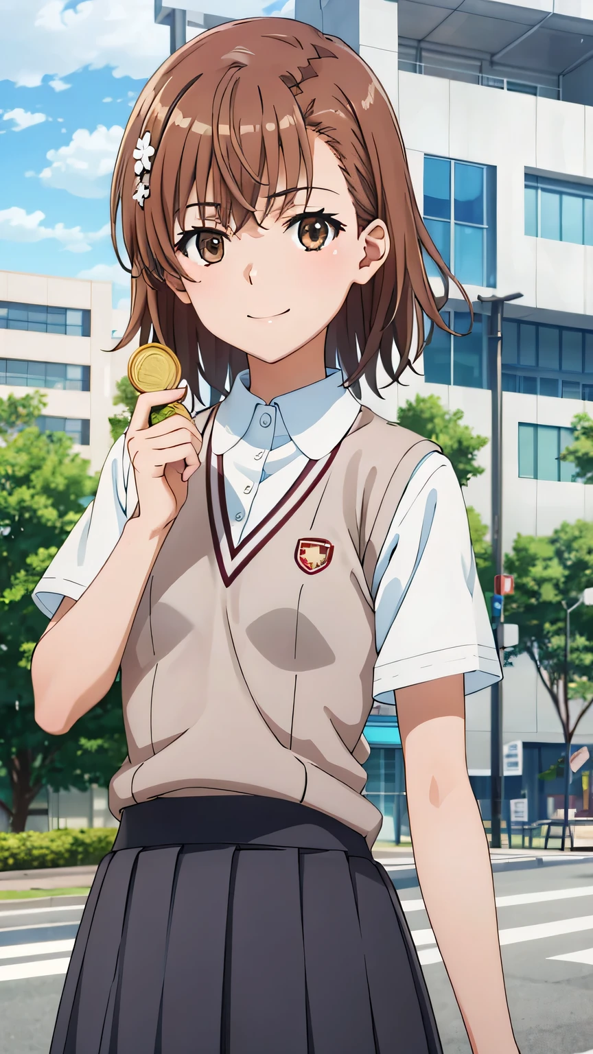 {{{masterpiece}}}, (best quality:1.5), (ultra-detailed:1.5), {illustration}, {{an extremely delicate and beautiful}}, (beautiful detailed eyes:1.6), absurdres, highres, extremely detailed face, 16k, hd, visual anime de uma jovem mulher, extremamente bonito rosto de anime, anime melhor garota, (perfect hands, perfect anatomy), anime face, mikoto misaka(A Certain Scientific Railgun), 1girl, solo, cute face, short hair, brown hair, hair ornament, hair flower, hairclip, crossed bangs, (brown eyes:1.4), medium breasts, big hips, curvaceous, BREAK, {tokiwadai school uniform}, {school uniform}, brown vest, sweater vest, white shirt, short sleeves, collared shirt, pleated skirt, grey skirt, mini skirt, slouchy socks, white short socks, brown loafers, BREAK, standing, smiling, outdoor, sky, public park, coin, holding coin, facing viewer, looking at the viewer, electricity, electrokinesis, (flip coin:1.5), (upper body:1.3)