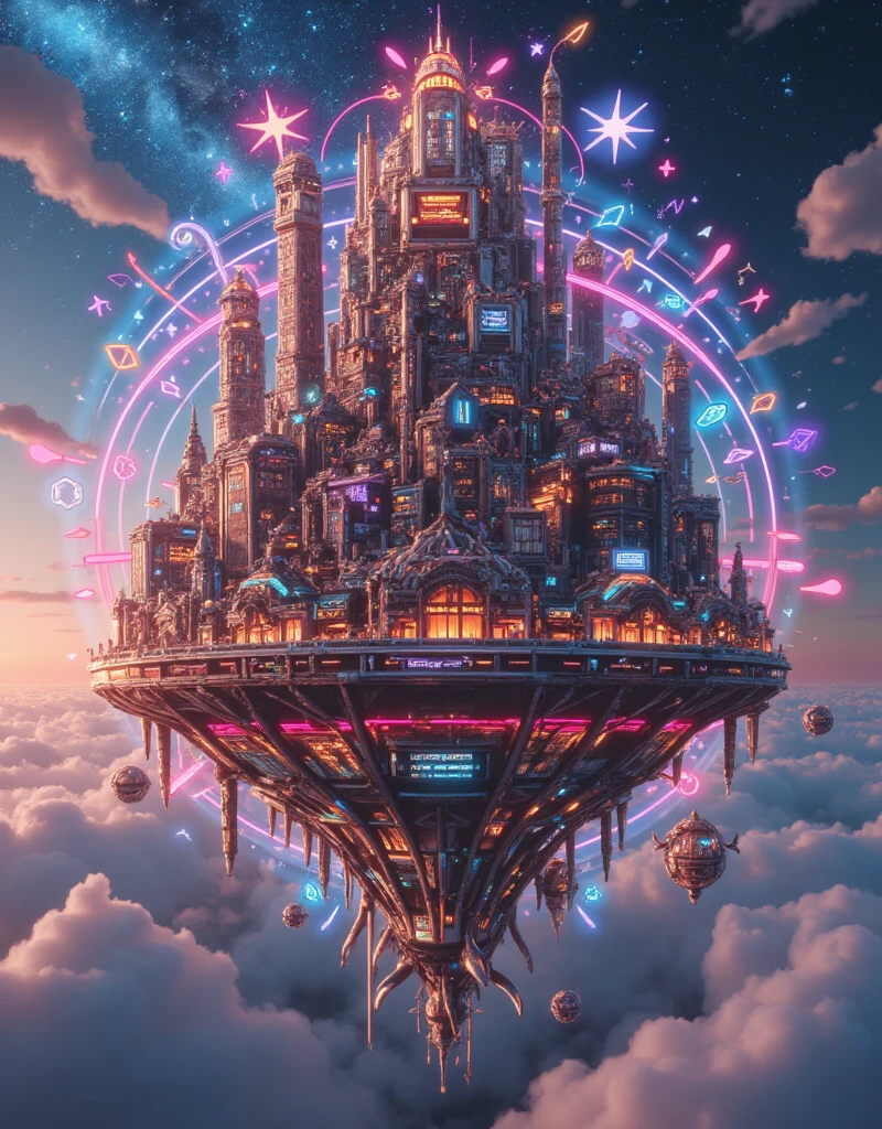  masterpiece, (TOP QUALITY, Shaped Buildings, 4K, 8k), (realistic, photorealistic: 1.5)float in the air,character「C i t y p o p」, Huge Floating Japanese City Pop City in the Big City Skyline,(((sound楽浮遊都市,Flashing inflammation,sound,sound楽,cloudに反射するsound))),Flying Fortress City,cloudの間に,Decayed City ,Floating Devices ,Steam Cyberpunk,Supermassive Ancient Cities,((Seven Radial Colors of Light)),rotate,grow,night,starry sky,Milky Way, Cloudy Sky with Reflections, Atmosphere with Light, Futuristic atmosphere, Modern Aspect of the City,  Shiny Surface, Architectural Details, HIGH DEFINITION TEXTURE,cloud