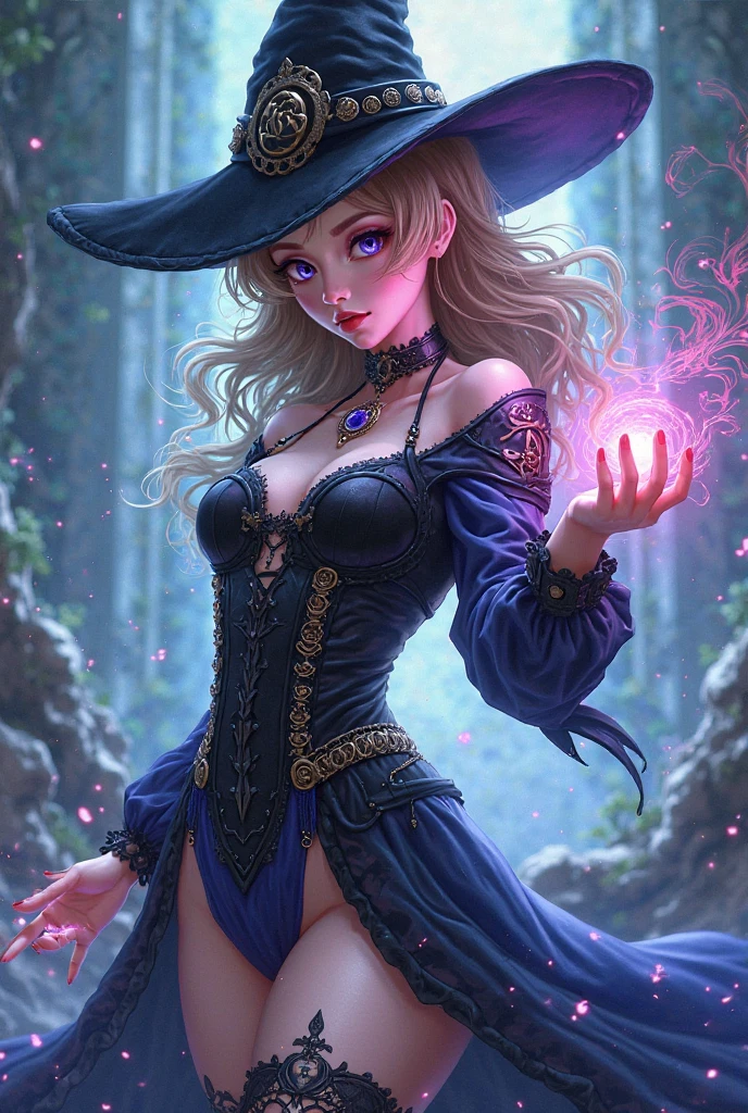 mid shot, masterpiece, highly detailed, dynamic angle, most beautiful artwork in the world, illustration, cinematic light, fantasy, highres, highest quallity, ultra detailed,  best quality, masterpiece, (detailed face), sexy mature woman wears a shirt and fullbody (galaxy) cloths coat, floating cloth, choker, glowing (elder underworld fantasy) forest plants with neon details, open shoulders, tiny glowing butterfly, hair jewery, wearing a witch hat, (focus on body:1.25), night, small mutated animals in background, skirt, black stocking, a potion on hip, shoulder pads emitting magic energy, cameltoe, dark, light reflection