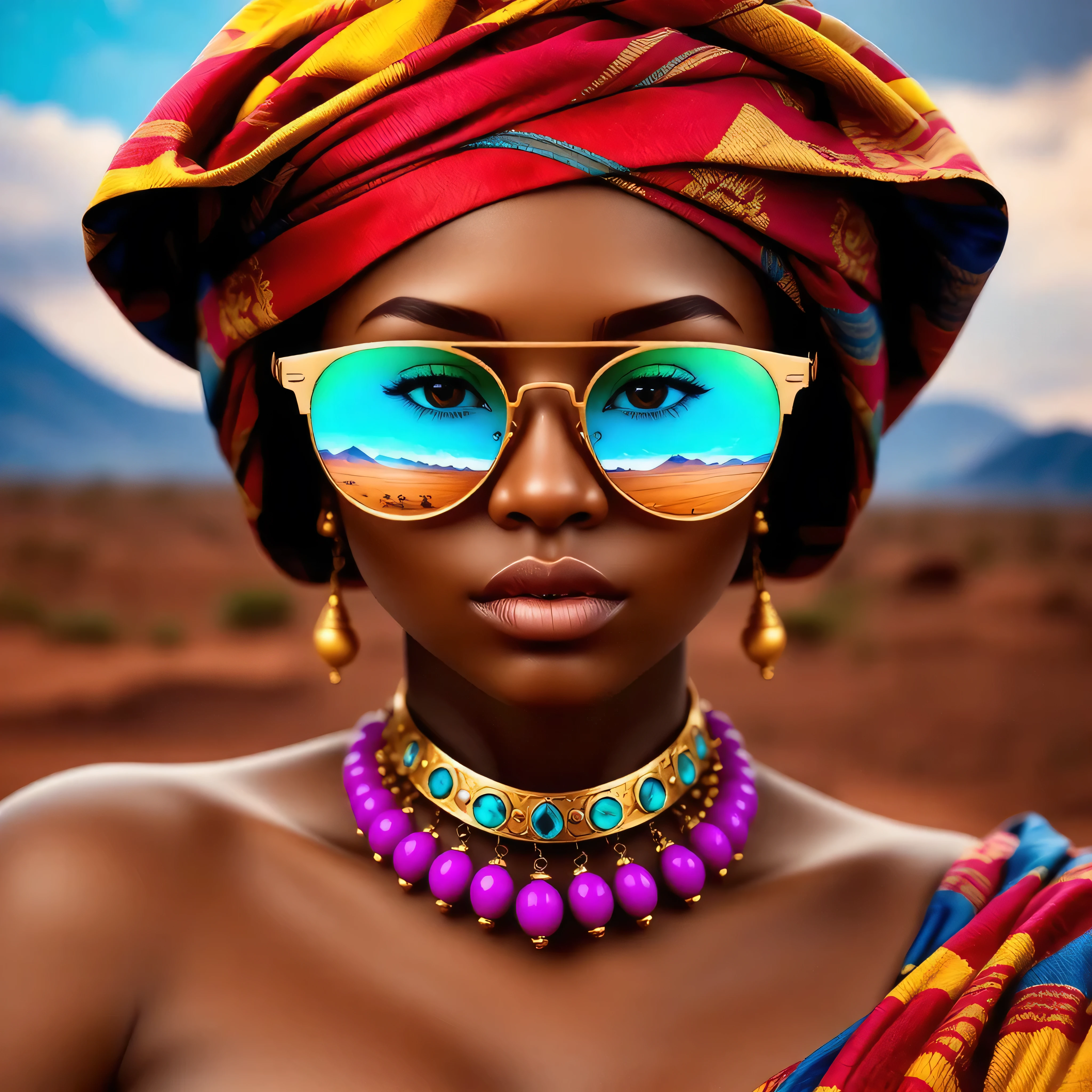 An award-winning masterful bold red carpet Vogue photoshoot of an Ethiopian princess woman wearing a vibrant multicolor intricate outfit with big earrings, featuring exotic sexy bold colors, with colorful sunglasses that reflect pictures of African landscapes, in the style of high fashion, with focus on color and texture of traditional African attire