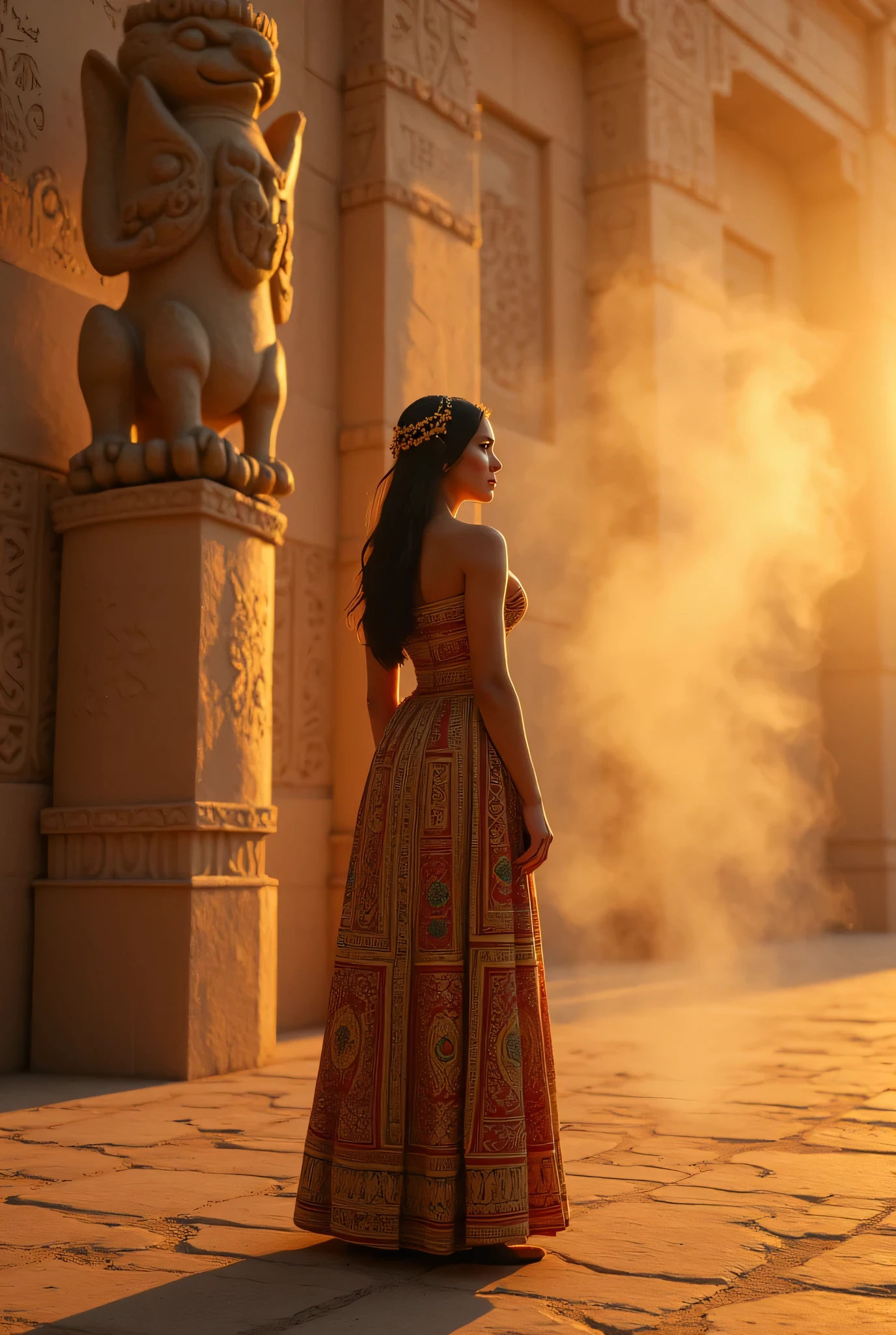 **Prompt:** Create a breathtaking visual representation of ancient Mesopotamia during the enchanting golden hour. Concentrate on a richly detailed scene within a majestic temple, adorned with intricate carvings and murals that reflect the vibrant culture of the era. Highlight a perfectly proportioned busty female figure clad in a traditionally embroidered Mesopotamian gown, showcasing the exquisite craftsmanship and folk art of the time. Use a wide panoramic angle to showcase the temple's stunning architecture and the serene, ritualistic atmosphere, enhanced by swirling incense smoke that dances through the air. Include a monumental carved statue representing local fauna, emphasizing the connection between humans and nature. Prioritize hyperrealistic textures and depth through advanced octane 3D rendering techniques to bring the scene to life. Ensure a harmonious balance between the central figure and the surrounding environment, illustrating the historical significance of this sacred space while emphasizing human anatomy through elegant poses. Strive for the highest standards in photographic composition, employing a slow shutter speed to inject a sense of movement and a clear depth of field. Present this artwork in a style that aligns with contemporary digital art trends, making it a perfect fit for platforms like CGSociety and DeviantArt.