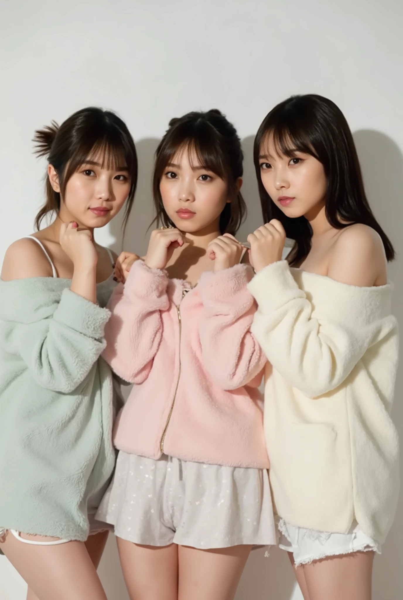 cute smiling women are cute, fluffy off-shoulder pajamas, make a big heart with both hands , posing with arms in front of chest, View above the collarbone、 has a monotone background