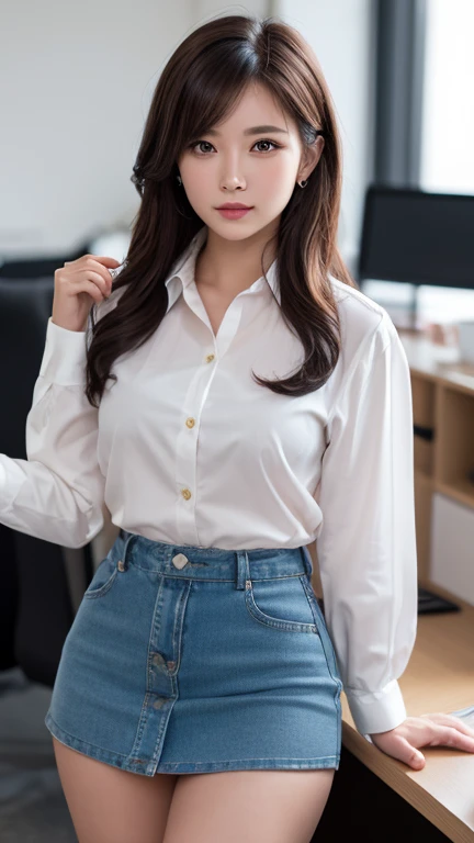A young Japanese woman with big breasts and long straight black hair, wearing a white button-up shirt and khaki pants, standing in a room. Extremely detailed beautiful face, cinematic photo.