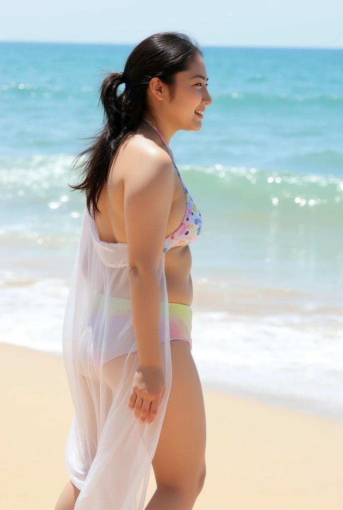 Cute woman、White shirt、mile、Open chest shirt、(A wet shirt with underwear showing through)、Wet Hair、Gazing at the sea、smile、Hibiscus flower、Raising his arms、Thighs、Watching from behind、