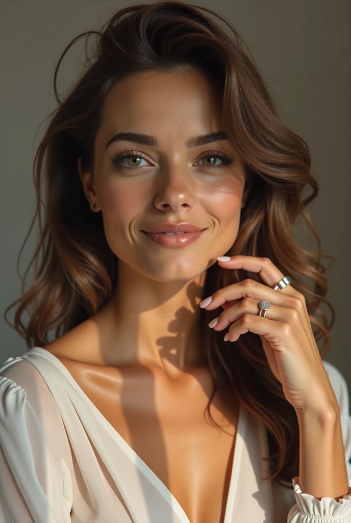 masterpiece, Highest quality, 8K, Official Art, Cinematic Light, Ultra-high resolution, perspective from diagonally below, Tie your hair back tightly、One Mature Woman, 45 Talent,Beautiful Face with seductive smile、Sexy mother, Earrings, View your audience, hoop Earrings, Brown Hair, Brown eyes, full nude body, Pink lipsDetailed face、Fine grain、Detailed gaze、