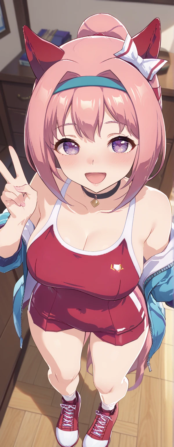 ((highest quality))、Ultra - High resolution、looking at the camera、shining eyes、Slender beautiful girl、(((((selfie)))))、shiny swimwear、swimsuit with frills、shiny skin、Clothes that show cleavage、cute girl&#39;s room，(big breasts:1.3)、sexy、(((short stature)))、(((Lying on bed)))、((making a peace sign))、shiny hair、((daisy duke shorts))、(((teenager)))、laughing、half updo