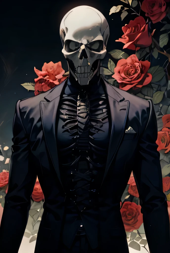 male, skull face,wearing a nice suit, surrounded by roses, detailed anatomical features, gothic, dramatic,  roses all around him,red eyes, long jacket
