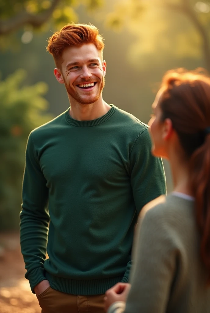 A pretty redhead woman crying on her knees to her handsome blond husband, In front of the handsome blond man another attractive brown-haired man holding his beautiful blond wife and around them watching them 3 ordinary men