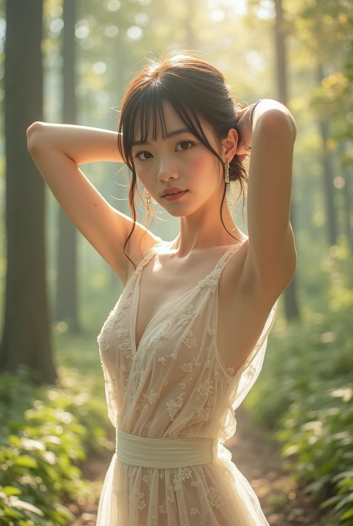 highest quality,Ultra-high resolution,
One Girl,Jeffs,(blue sky),(Natural light:1.2),(Dreamy atmosphere),Tone up,Tall Woman,
Nice hands,Perfect hands,small bust size、small breasts、small, Shapely breasts、Erect nipples in clothes、The whole outfit is thin, Transparent material..、small and cute breasts、Side bust、Flat Chest、Side view、small乳輪、