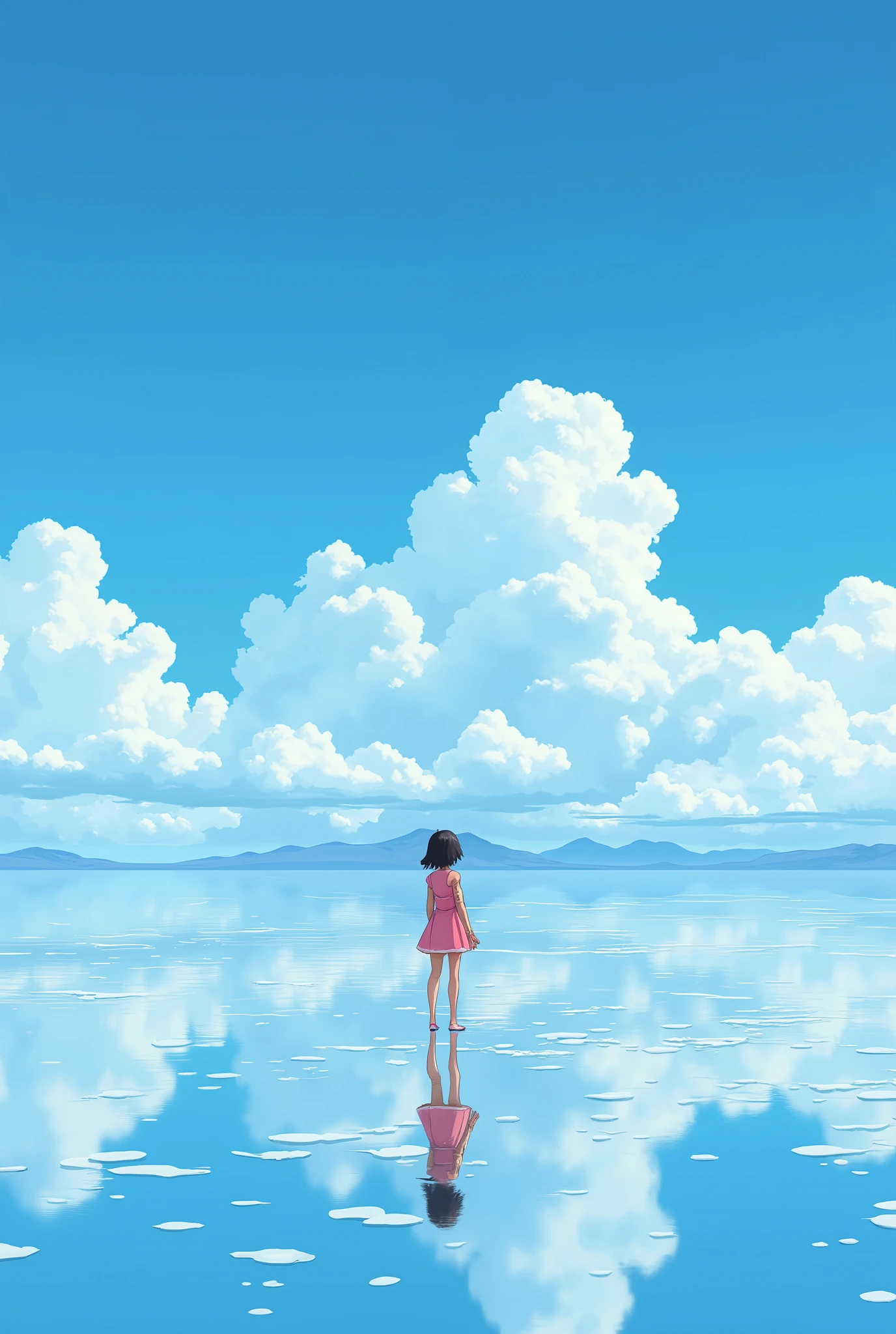 Draw simple art in the Tintinpixai style , a in a large body of water with clouds in the sky, In the Uyuni salt flats, Incredible reflections del cielo, Incredible reflections , Beautiful reflection, Impressive photo, Epic and impressive , Crossing the Blue Horizon , anime beautiful peace scene, anime-realistic nostalgic animated art background , Girl walking hd 8k