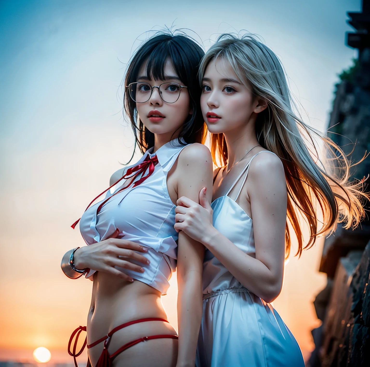 Dazzlingly bright tones, White and Red, Masterpiece, (physically-based rendering with ultra-detailed, (realistic and (photorealistic:1.37) with touch of rawness), Acutance:0.8) . A group of KAWAII girls in (school uniform) with opened Overflowing Gigantic Cleavage without bra . (((extremely detailed KAWAII face variations)) with joyful expressions), { Navel | pretty Ass | (Overflowing underboob) | White panties with (blood seeping only in crotch area) | (full of Flowers covering girl's body) | ((Dazzling colorful stained glass with stunning elaborate details:1.2)) | A Dazzling Halo (Floating)  } . (Exposed:0.96), ((nipple:-0.9)), (not Detailed fingers:-0.9) .