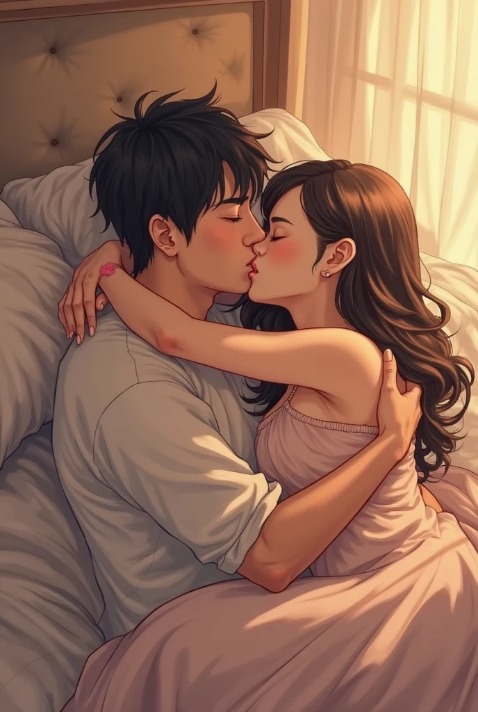 Girl kissing a boys eyes on bed 
Girl with hair bun