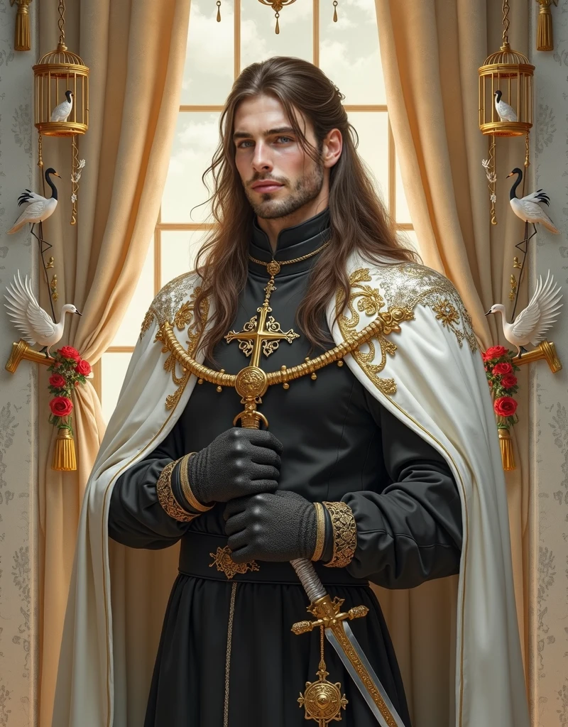 Old king  Courageous  white,with cheekbones a handsome  bald   male old king  with white long  hair with , in white luxurious king  clothes,with silver crown    against the backdrop of a medieval beautiful rich white city 