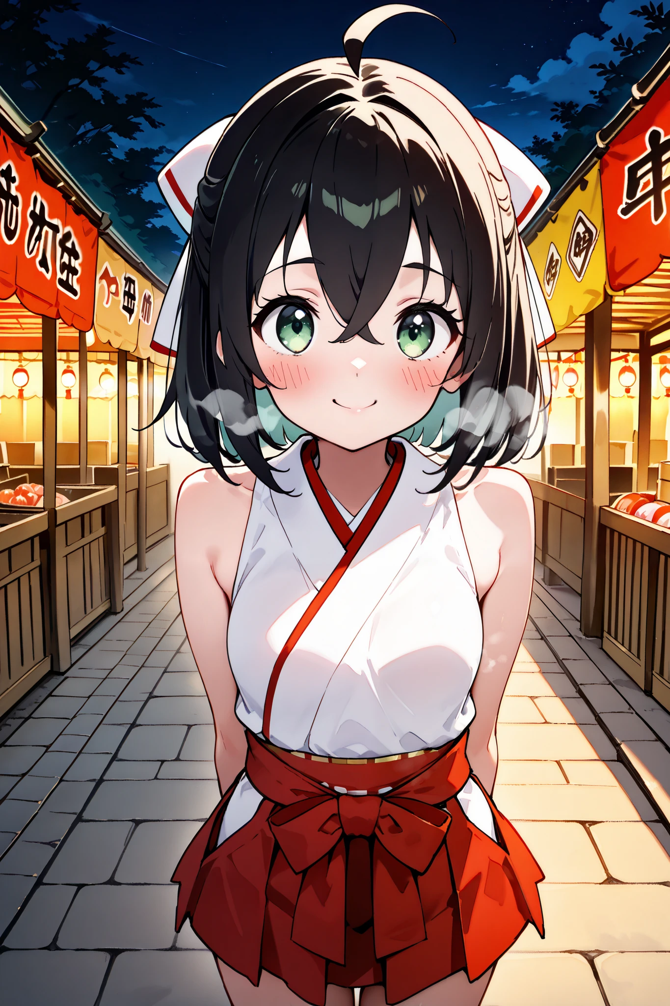 {Highest quality}, {so beautiful}, {Very detailed,beautiful face:1.4}, {Best illustrations},shileviathandef, medium Hair,ahoge, black hair,crossed bangs,green eyes,Shrine maiden,belly button、sleeveless,bare shoulders,(mini skirt,Hakama),(blush、smile、excited、rough breath),(神秘的なnight景,night,festival:1.2)