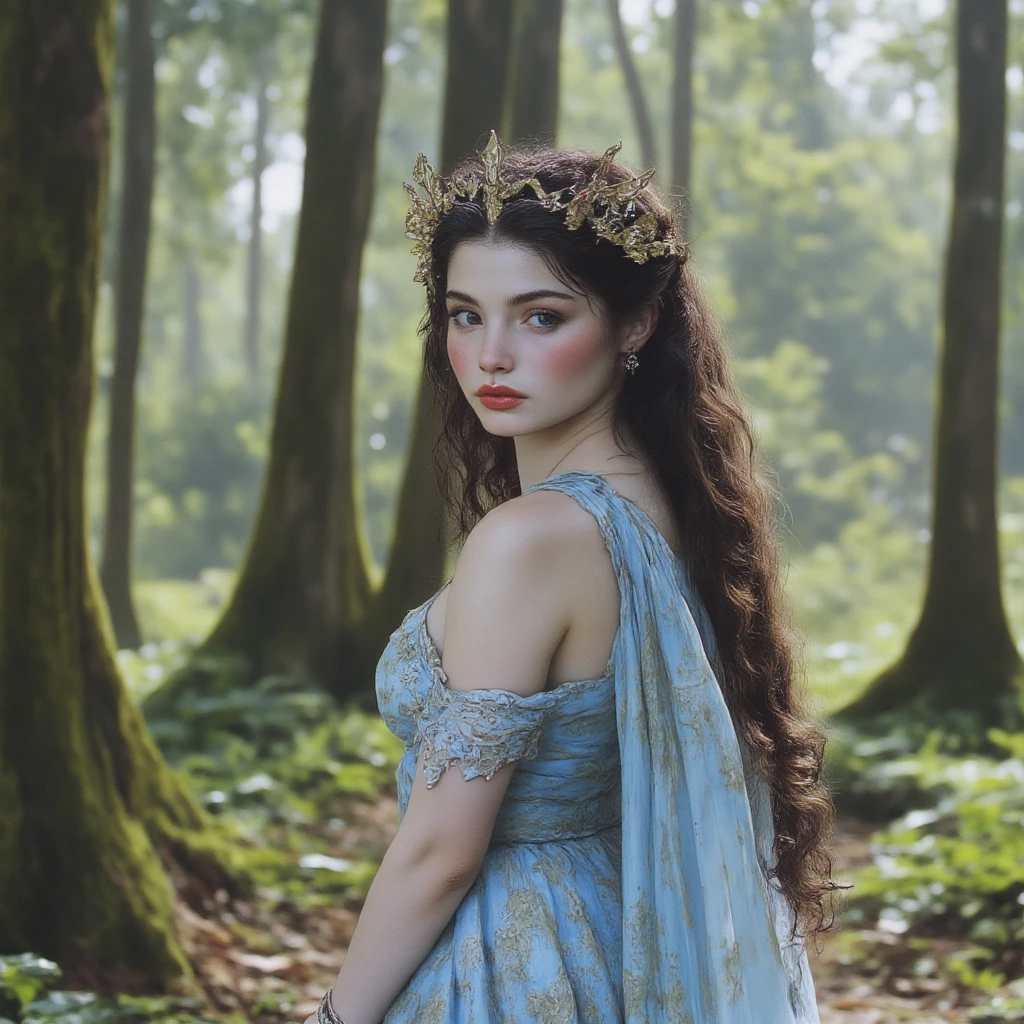 ((pre raphaelite style, romantic))) fair complexion, woman around 19 years old, natural dark hair, distinctive green eyes, wearing pale blue, slender and graceful, beautiful, ancient land setting (high cliffs, waterfall) ultra sharp focus, realistic shot, Ancient Greek female clothes, tetradic colors (), full length pose