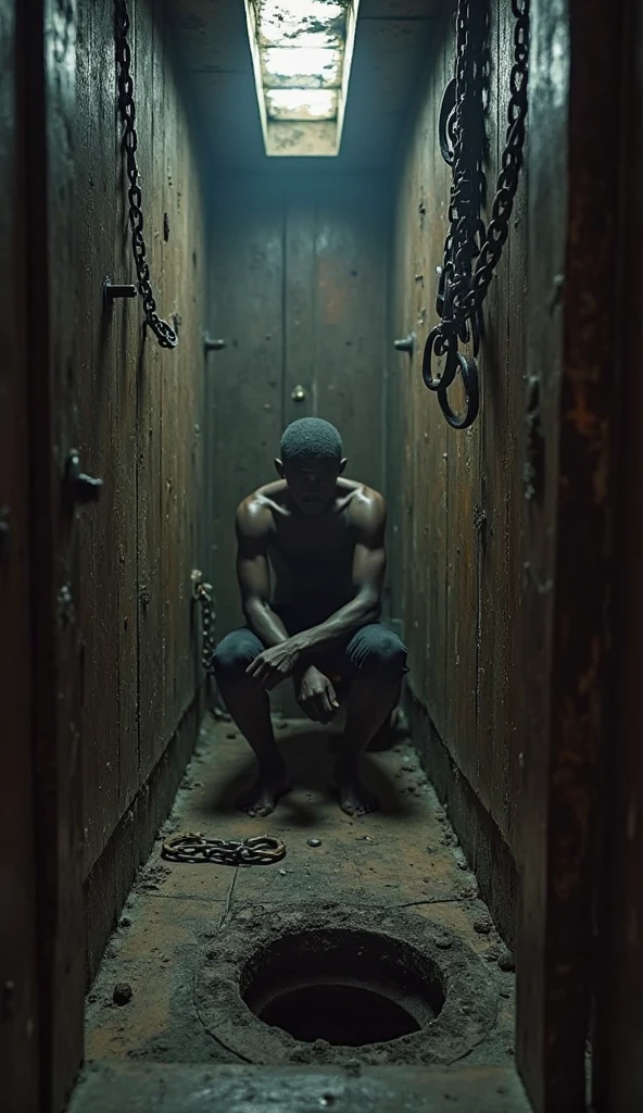 Brandon Figueroa chained to the wall of a dungeon in wet shorts