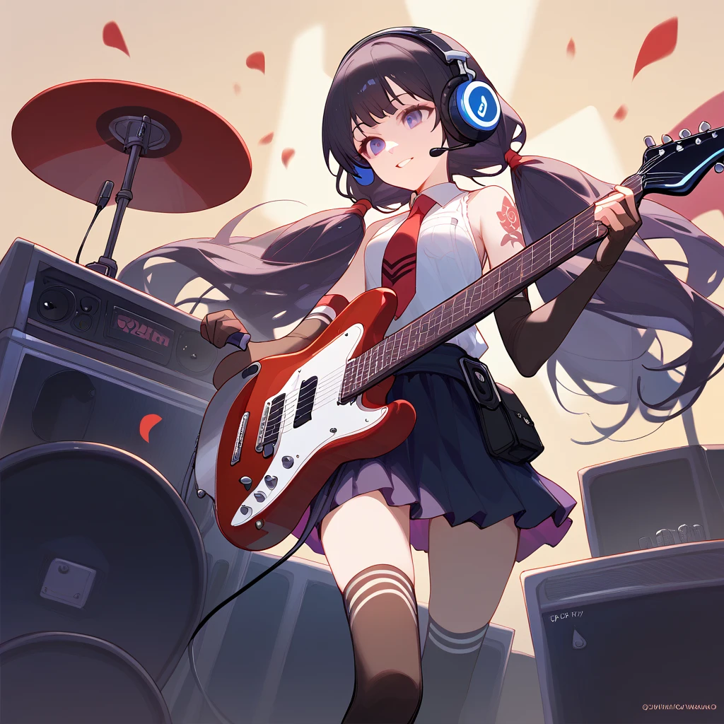 (masterpiece, highest quality) 1 girl, musical instrument shop, alone, black skirt, blue eyes, electric guitar, guitar, headphones, holding, guitarピック, musical instrument, long hair, music, one side up, brown hair, guitar playing, pleated skirt, black shirt, indoor