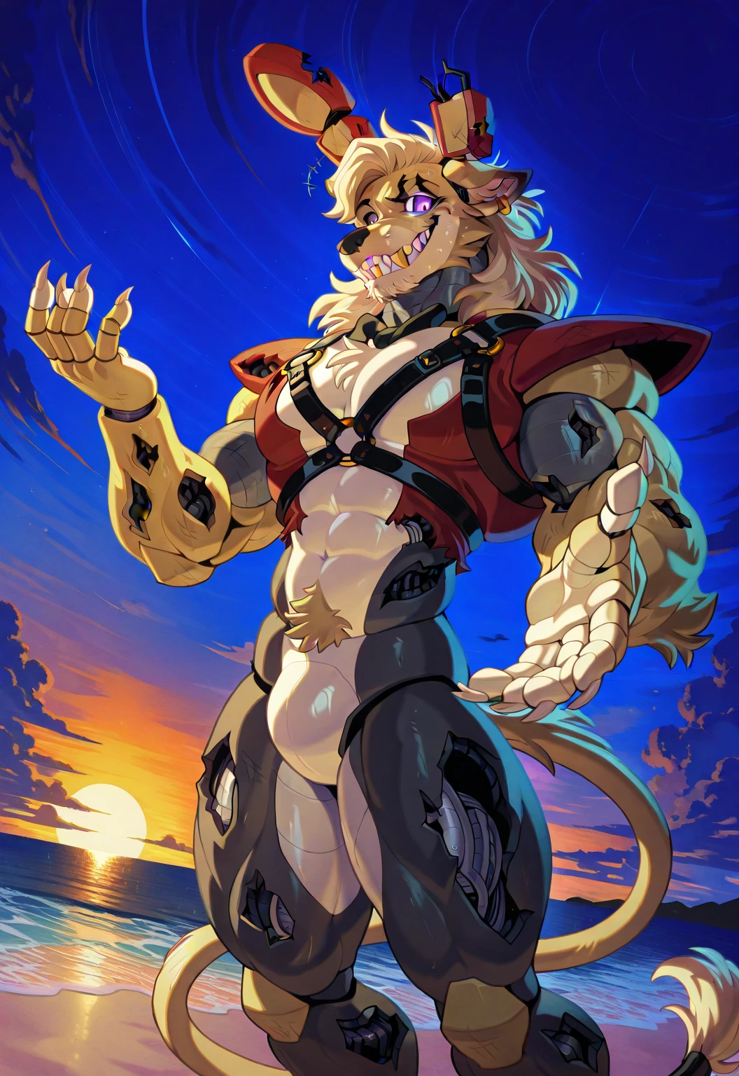 nj5furry, Masterpiece, accessories, high resolution, digital painting \(until\), by (Por Canyne Khai, ( by Takemoto Arashi ), by Null-Ghost, by kiyosan, by milkytiger1145), g score_9, score_8_up, score_7_up, score_6_up, dynamic pose,masterpiece,anthro,solo, (Cornelius, Male, furry, Lion anthro, Medium muscular lion, no mane, brown, light brown lion, feline, long brown pony tail hair, lion ears, wearing tiny gold round glasses, , hands, standing, posing, good , arms, male , perfect , perfect body no defects, hands, 5 fingers, perfect hands, completely perfect body, 4k (Realistic eye details 1.2), fluffy fur, source anime, best quality, anthro, A muscular lion man with a strong build. He has a well-defined jawline and a serious expression. His fur is brown, pony tail long, and he has no mane., mature male, anthro, feline, animatronic, robot, good drawn sharp teeth, no blur, red body, claws,sharp teeth, gold tooth, gold (metal),shredded ears, animal ears,ear piercing,jewlery, white sclera, yellow eyes, male,countershade,fur,white sclera,tall male,hairy male,one hooked hand,muscular male,damaged body,black robotic legs,damaged pec,high angle,close up. Fnaf, Pizzeria background. by null-ghost, masterpiece, best quality , furry, wolf, Two tons of fur, ( black fur :0.8), Broad shoulders, Narrow waist, teeth, hair, night, animatronic, robust body, friendly appearance, blue and white metallic fur, red vest, and gold accents, glowing eyes, warm smile, big dumb smile, Highly detailed, High Quality, Masterpiece, beautiful \(fnaf\), robot, rabbit, furry, solo, male, muscular,
, reaching,reaching hand, upper body, sunset, harness, looking at viewer, close up, beach, side view, five nights at freddy's, five nights at freddy's 3, scottgames, purple eyes,
, 2024, 2023, 2022, 2021, k1dd13juk35, masterpiece,best quality,amazing quality,