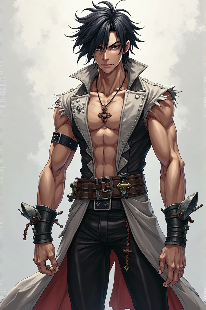 one  male boy, leaning against tree, looking at viewer, detailed eyes, deep blue eyes, black hair, short hair, scar on face, open shirt, black clothes, athletic, visible abs, body chains, necklace, (black fire on hand)