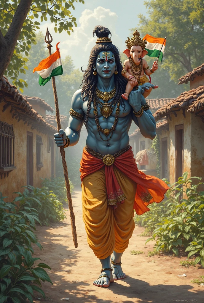 Lord krishna is standing with indian flag as well as a woman devotee who is wearing t shirt on which Reetu name is written with her very cute little daughter who is also wearing t shirt on which Aadya name is written