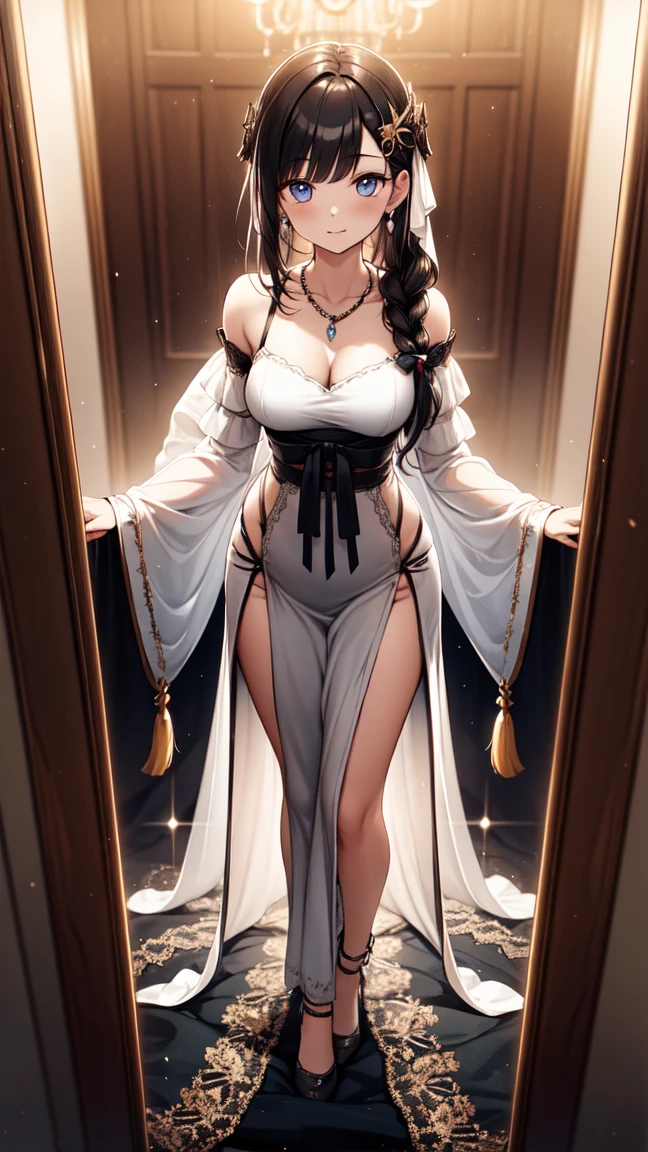 A girl in a magic robe,Pure woman,Tall guy,fully body photo,Look into the distance,High ponytail,Model figure,Sexy gesture,Medusa,Lie on the windowsill,radiating with light,nipple tassels,