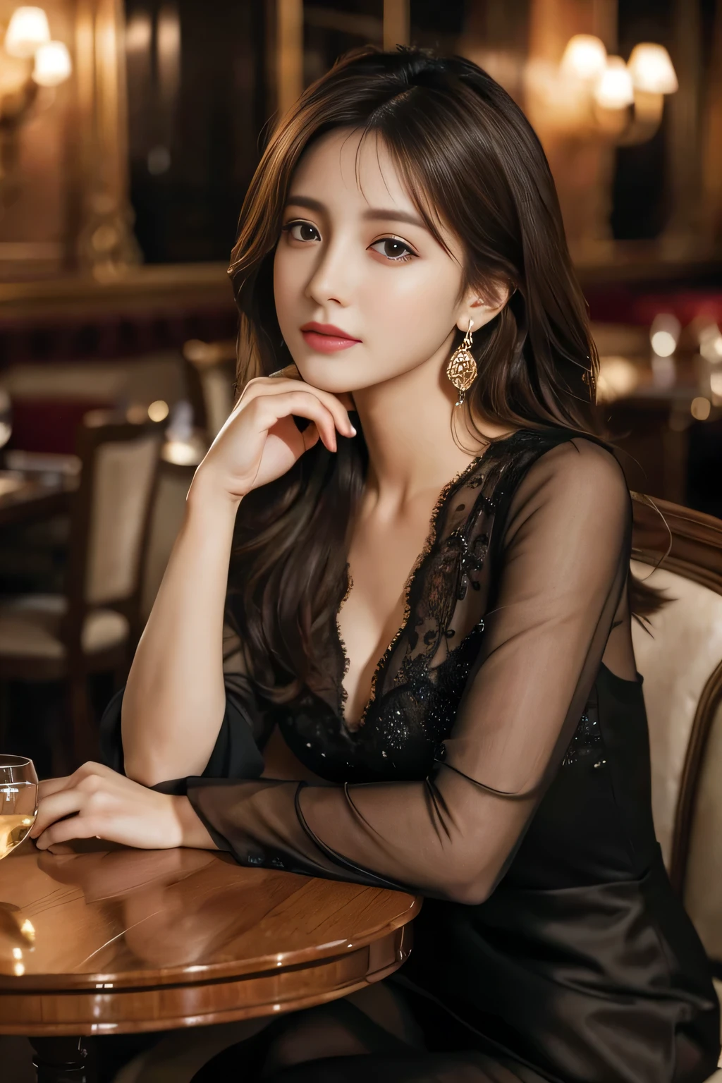 masterpiece, highest quality, Realistic, Very detailed, Finer details, High resolution, 8k wallpaper, One beautiful woman, Wear a black see-through blouse, In a great restaurant, At night, Light brown messy hair, Perfect dynamic composition, Beautiful and beautiful eyes、Big earrings、Sitting in a chair、