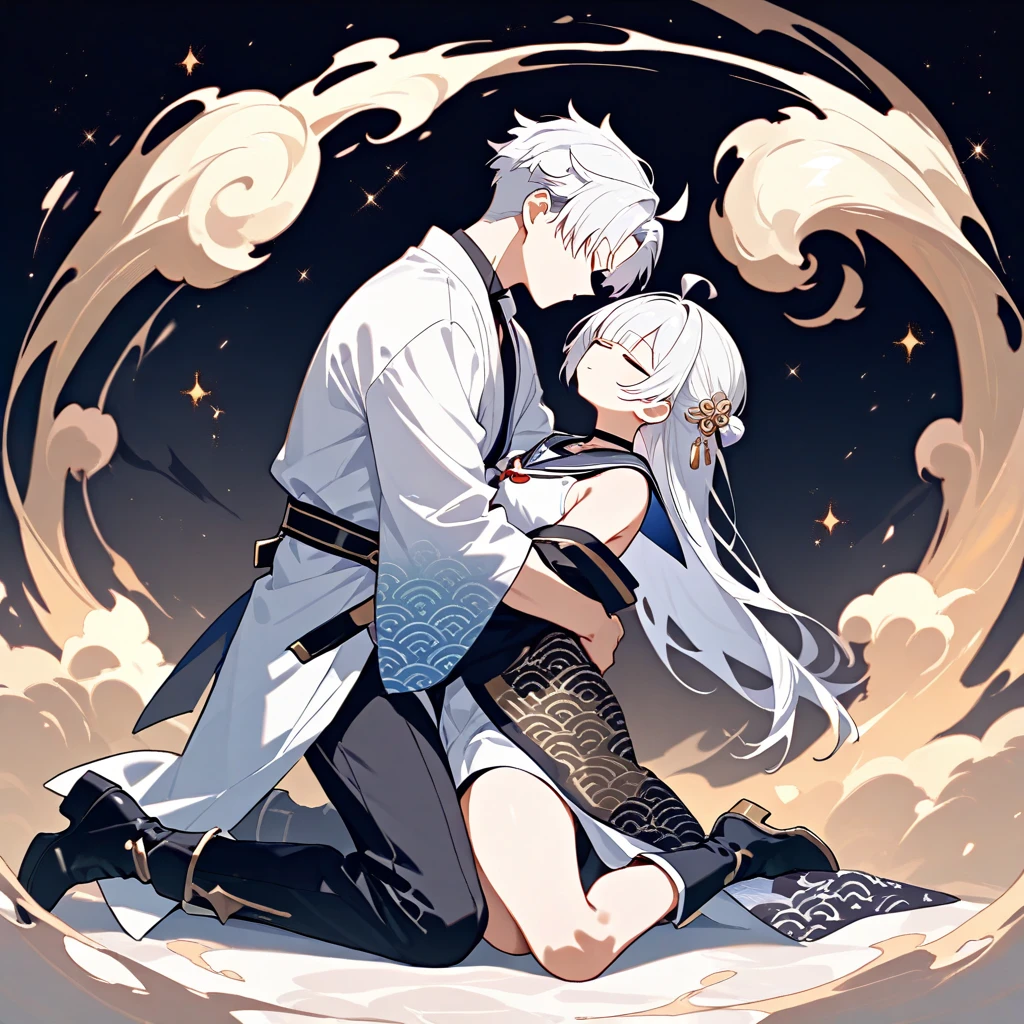 masterpiece, high score, great score, absurdres, 2boys,yaoi,male focus, (duo:1.1), (couple:1.2),short white hair, parted bangs, side fringe, toned,twink,black haori,white kinono, black obi, swirling golden cloud pattern, open collar shirt,black choker,black skinny pants,black boots,BREAK very short black hair, ahoge,slim,(petite:0.8),white haori, navy gradient, seigaiha pattern,sailor collar,cords, gold ornaments, black belt, black pants, short boots,romantic_couple_poses,white back ground,year 2025