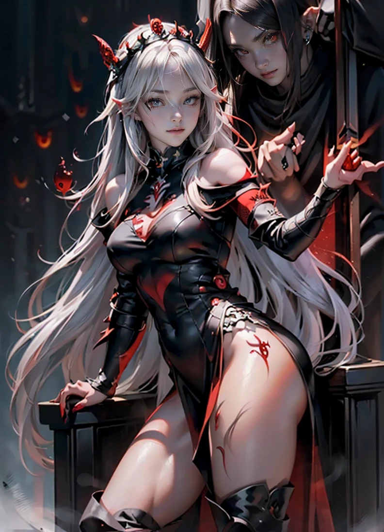 (Ashenhardt Style:1.4), masterpiece, 最high quality, high quality,(Glows dark red、Has red eyes、darknessに囲まれた暗い形のない生き物:1.2), (profile), (darkness:1.2), Abstraction, deep sea, Award-winning photography, Depth of written boundary, High resolution, Very detailed, Art Station Trends, CGSociety Trends, Complex, High detail,(masterpiece:1.2, 最high quality), (Best lighting, Very delicate and beautiful), (Best lighting, Very delicate and beautiful), (Beautifully detailed face), (Detailed eyes and detailed face:1.2), Dark fantasy, (Young girl, Little Beast, One girl, alone, Crazy Smile, Pale skin,19 earrings,((Tattoos all over the body,Tribal tattoos all over the legs)) Gray Hair, Glowing red eyes, Dynamic Angle, vampire), (get chains, magic circle, Graffiti on the wall, background)),conjuring a demon), Magic Thunder, pointed_ear, tooth,Devil&#39;s Wings,Devil horns,There was blood on my face.,Rain of blood,blood mist,(Depth of written boundary),High Contrast,(Blood splatter:1.4),Cowboy Shot,whole body, Black lace-up thigh-high boots,shout, Sacrifice, Magnificent stage