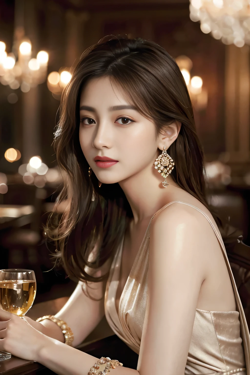 profile , 1 girl, mature female, solo , Japanese girl ,(Brown hair, middle hair, fringe, serious, Red dress, gold reckless, earring ) ,tramp game is porker, looking cards on table, 1 whiskey glass, gamble, in casino, skill is master ,No 1 of Hong Kong (masterpiece, Highest quality, masterpiece, God-like quality, Godly art, Very realistic)