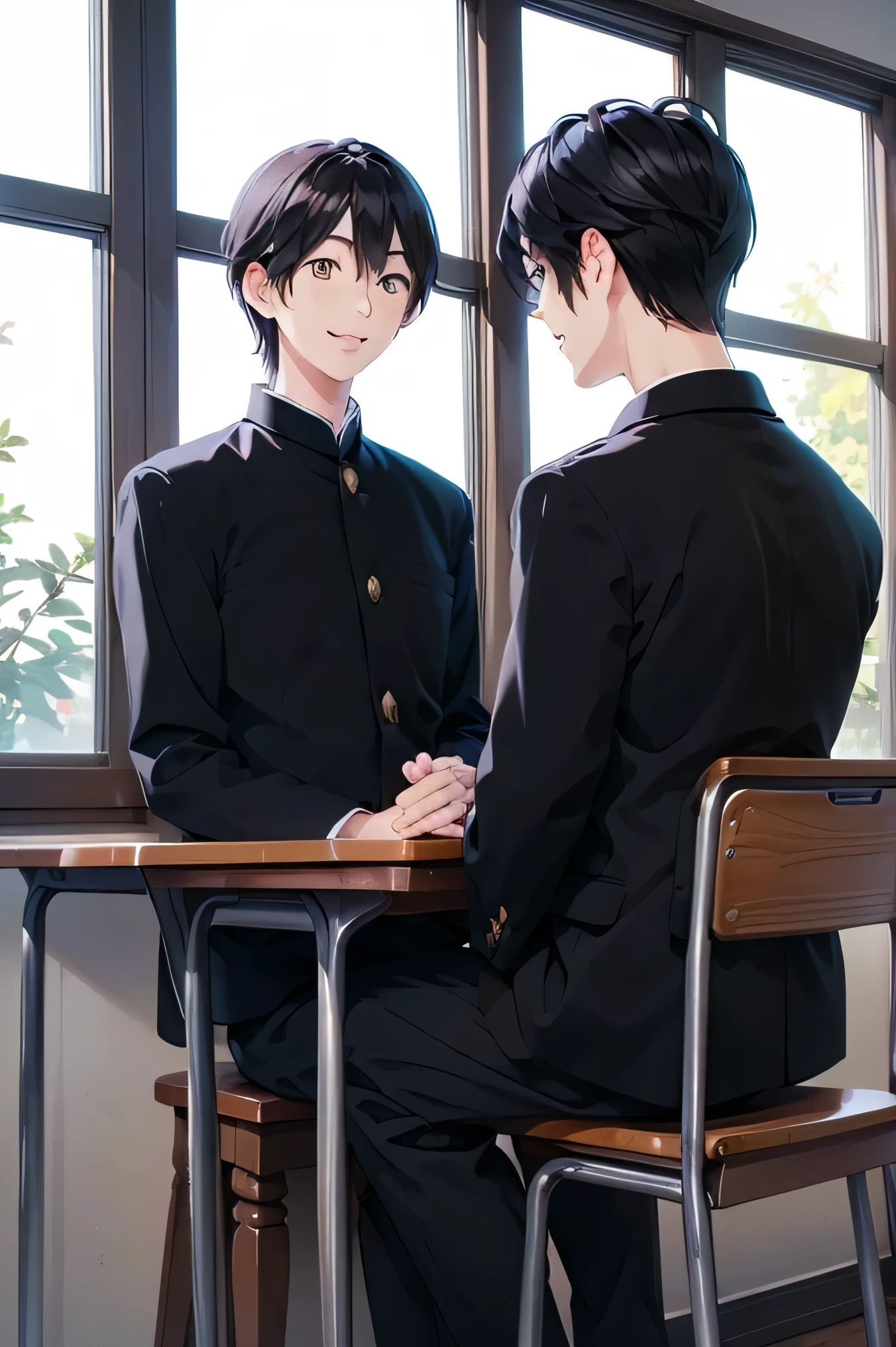 Two Japanese men handsome smile In the classroom window 二人共にBlack school run school uniform Black school run boys love cartoon One person sits on a chair the other one turns his hands from behind Future Classroom