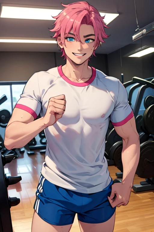 score_9, score_8_up, score_7_up, score_6_up, boy, red hair, idol haircut, hair down, bangs, smiling, shirtless, purple briefs, cool, front, brown skin, tanned, muscular, huge bulge, holding weights, looking at viewer, simple white background, concept art, RinotunaYei, 