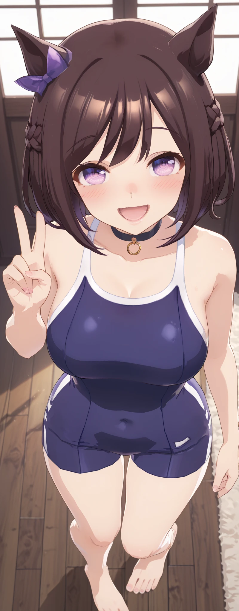 (best quality), (Super detailed), (Best Illustration), (1woman), look at viewer, from side, (school swimsuit), (Big Breasts:1.2), {brown hair, (bob cut:1.2), curly hair, hairs between eyes}, {(detailed eyes), heart-shaped pupils, blue eyes}, navel, blush, sweat, steam, earrings, white hairband, pool