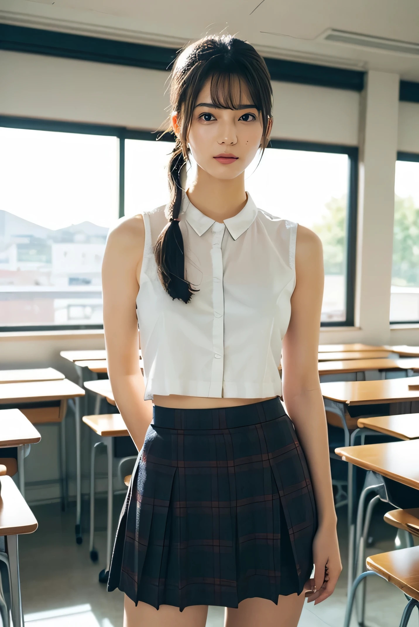 masterpiece, best quality, (realistic, photo-realistic:1.4), (RAW photo:1.2), very detailed CG unity 8k wallpaper, very delicate and beautiful, amazing, fine-grained, Official Art, huge file size, super detailed, very detailed, Beautiful Detailed Girl, very detailed eyes and face, beautifully detailed eyes, Light on face, 1 girl and 1 man , long hair, ((ponytails for beautiful people)), Alone, cute, viewers, (Perfect Female Body), slim waist, full body, standing, , micro skirt, miniskirt, plaid skirt, midriff, sleeveless dressy shirt, Bare wrist, bungs, schools, classroom, Ulzang-6500-v1.1、full body photo