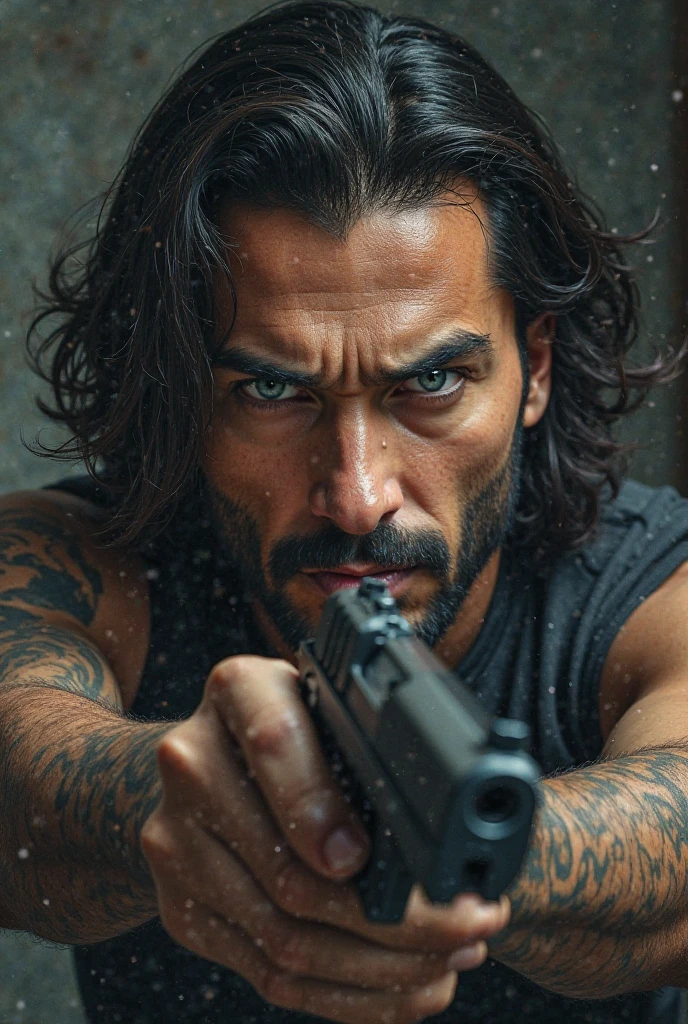 Dark-haired man with light brown eyes with a tattoo on his body holding a gun in his hand