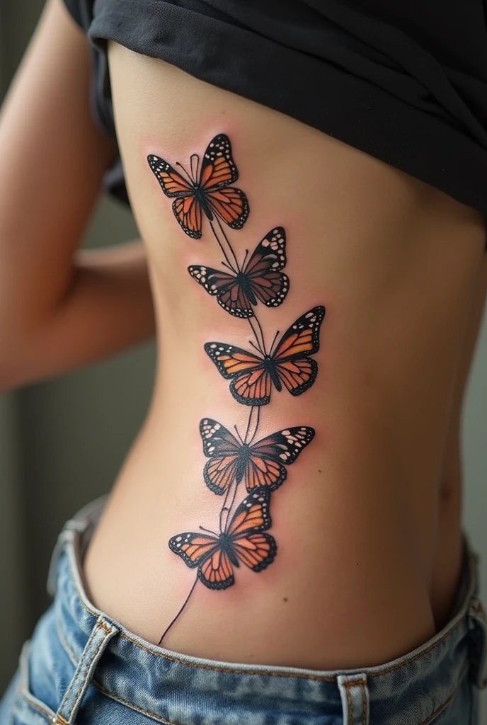 a tattoo artist makes a butterfly tattoo on the back of a woman. insane tattoo studio background