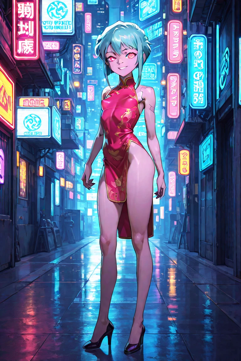 Cinematic movie poster of (nude gorgeous Chinese|Filipina woman), in sci-fi cyberpunk ally, standing, feet, blue pink orange green lighting, best quality, studio lighting