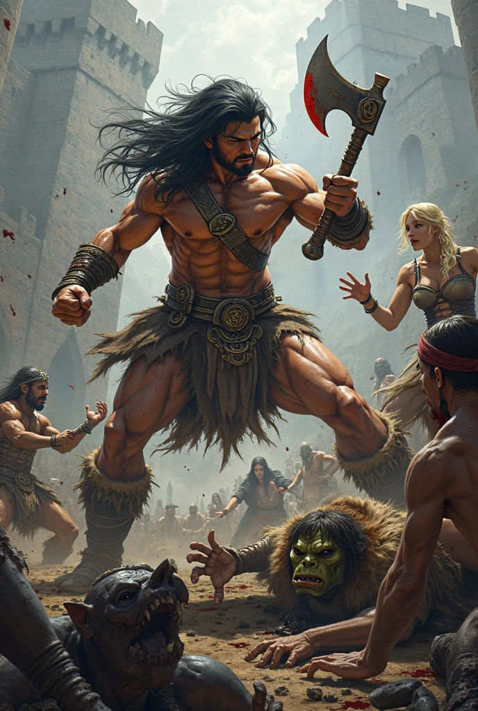 um homem com uma espada negra em uma guerra,Irritado e lutando, barbarian, barbarian on Roman battlefield, barbarian class, furioso, Epic mythology, Conan the barbarian, barbarian warrior, Conan, male barbarian, Frank Frazetta8k, fur-clad barbarian goliath, Dark epic fantasy, viking furioso, heroic male pose, empunhando um enorme machado, bromo redshift, Sangue de fogo por toda parte