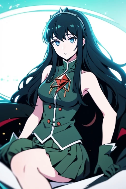 sharp but sweet eyes,Long hair, dark brown hair, green afilate eyes with long eyelashes, full mouth, low height, sinuous hips, lottle-medium , elf ears, red checks natural, sharp but sweet eyes, She is wearing a one-piece dress with a crisscross on her breasts that leaves her belly exposed and her fat hips exposed, and she has two splits on her dress at her legs that let them be seen.