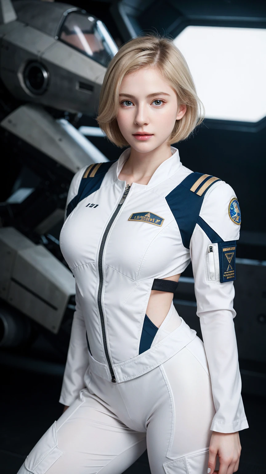 ((best quality)), photorealistic, photorealism, Photorealistic, high resolution, Beautiful, Baby Face, 20 Years Old, White Skin, pale skin, Large Breasts, huge breast, Combat pose, looking at the camera, (Detailed face), curtain hair, short hair, blonde hair, (wearing pilot suit, high-tech helmet, mecha suit), (cloths color based on black), Fingers are occluded, concrete space ship background,