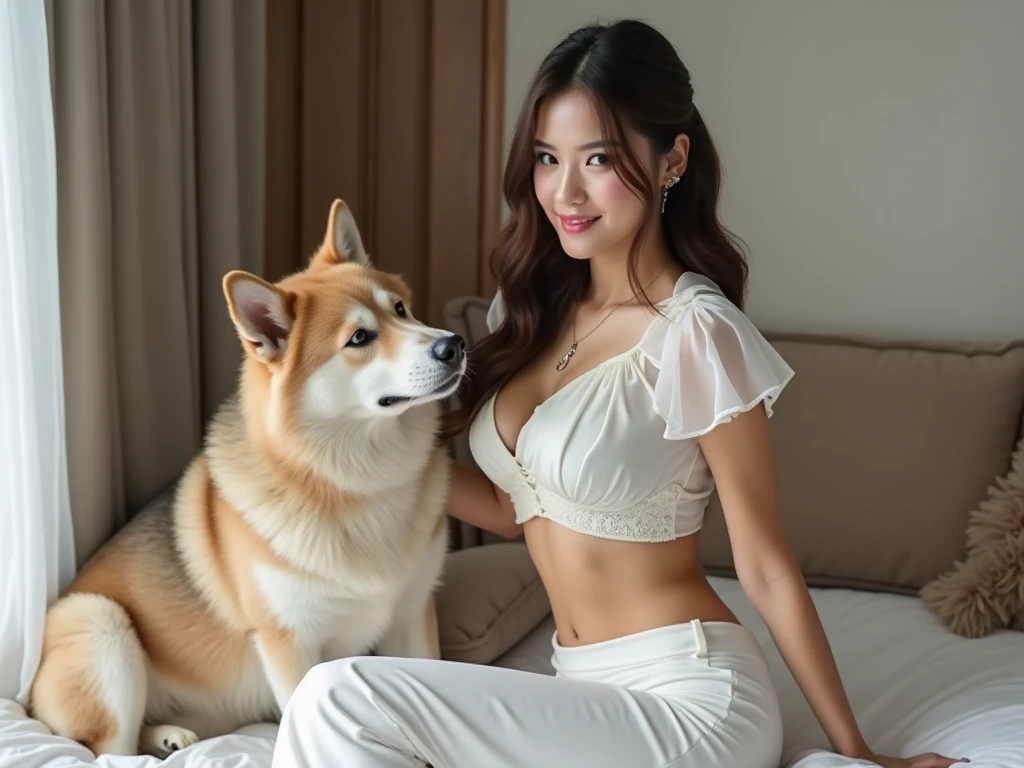 Big park, fountain, dog walking　Chihuahua , Highest quality, shape, Very detailed, In detail, High resolution, 8k wallpaper, Perfect dynamic composition, Beautiful details,  Natural Lip, Sexy underwear that clearly shows pussy lines, Big Breasts, Cleavage, She is smiling and posing sexy while walking her dog..., A masterpiece of the whole body, Side Short